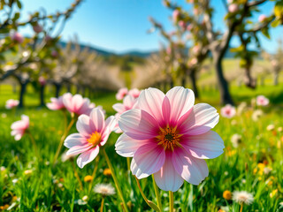Realistic photo of a blooming apple orchard on a sunny day, soft side lighting, large pink and white flowers, green grass with dandelions, shallow depth of field, blurred hills in the background.
