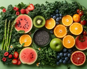 Vibrant assortment of fresh fruits, vegetables, and chia seeds o