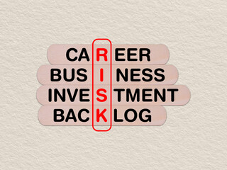 concept word risk, crossword written on wooden stick, business risk concept with copy space