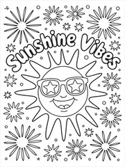 Smiling Sun with Star-Shaped Sunglasses and Fireworks Coloring Page