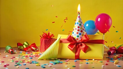 A festive birthday scene with presents, confetti, balloons, and a burning candle on a yellow background