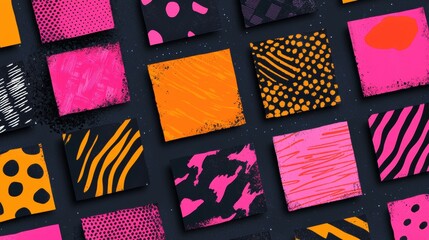 A collection of square tiles with unique patterns and colors.