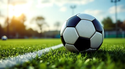 Soccer ball sitting on the grass of a soccer field ready to play
