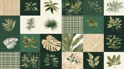 A patchwork of nature-themed prints in shades of green and beige.