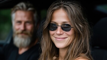 Obraz premium woman with long hair and round sunglasses smiles at the camera while a man with a beard sits in the drivers seat of a car. bright sunlight enhances their cheerful expressions