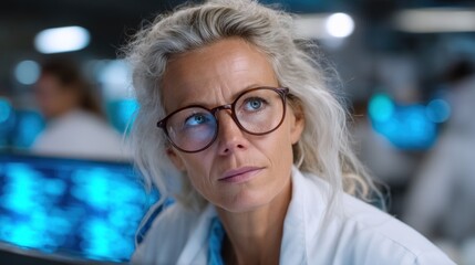In a contemporary research lab, a focused female scientist examines data on computer screens while wearing glasses and a lab coat