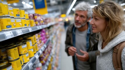 Obraz premium Two shoppers, a man and a woman, examine various cans on a grocery store shelf. aisle is brightly lit with a focus on the colorful products on display