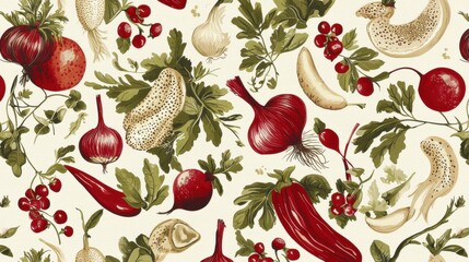 A repeating pattern of red tomatoes, onions, peppers, and beets on a cream background.