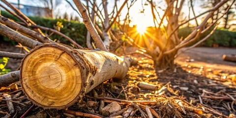 Obraz premium A Fallen Tree Trunk Reveals its Innermost Rings, Bathed in the Warm Glow of the Setting Sun