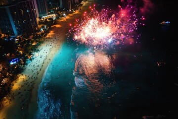 Naklejka premium Fireworks illuminate Honolulu beach at night, creating a stunning display over the ocean, Glorious fireworks exploding above Honolulu beach at night drone shot