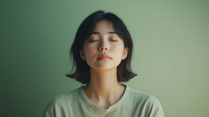Fototapeta premium Serenity in the Moment: A young person with eyes gently closed, bathed in soft light, exudes a sense of peace, tranquility, and mindfulness in this photorealistic portrayal.