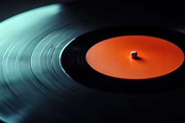 Closeup of a black vinyl record featuring a vibrant orange label in a dimly lit setting, Closeup of vinyl record with orange label on black background