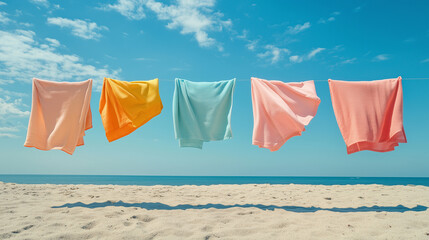 Pastel beach towels hanging on line above sandy shore under sunny sky by ocean
