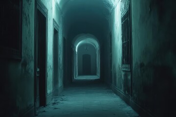 Obraz premium Dark haunted hallway with eerie presence evokes chilling horror atmosphere at night, Dark haunted hallway with ghostly presence, horror Photo background