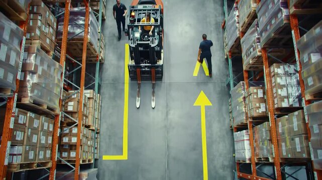 Aerial view of forklift operator in modern warehouse with tall storage racks filled with boxed inventory on pallets. Yellow floor markings direct traffic through distribution center aisle. Logistics