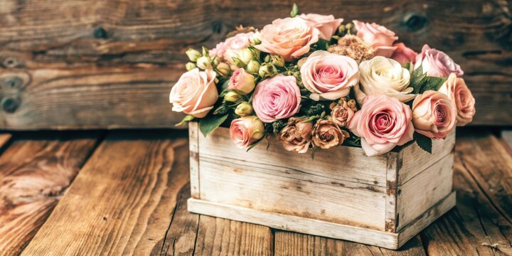 A delicate arrangement of blush pink roses nestled in a weathered whitewashed wooden box, resting on a rustic wooden table - Powered by Adobe