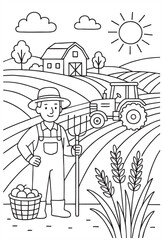 Agriculture-themed coloring page with farmers, fields, tractor, and harvest elements. Black and white outline illustration for kids and educational use.