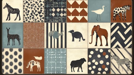 A collection of twelve animal illustrations, each with a unique pattern, arranged in a grid.
