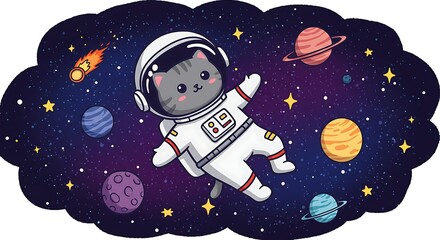Vector Illustration of a Cute Astronaut Cat in Outer Space

