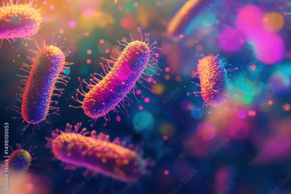 Poster vibrant representation of abstract colorful bacteria showcasing intricate textures and dynamic hues,