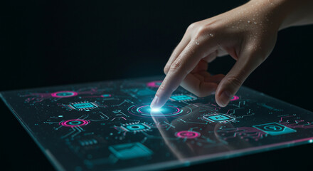 Tecnologia, intelig&ecirc;ncia artificial, touch, homem, tela, holograma