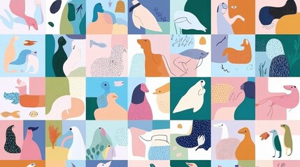 A vibrant collage of abstract bird illustrations in various poses and colors.