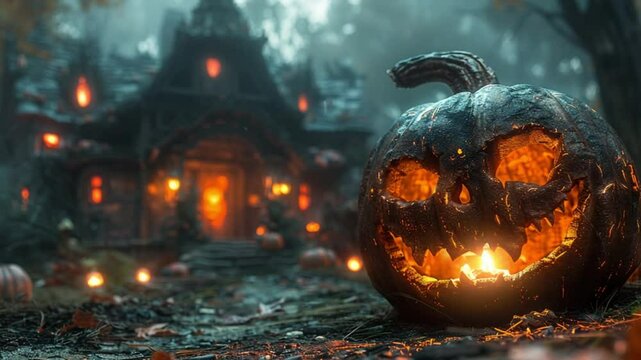 lentera labu halloween di depan rumah hantu