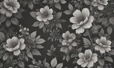 Subtle charcoal floral wallpaper; delicate blooms & leaves on seamless pattern, soft, delicate