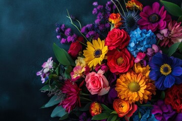 Bright and vibrant bouquet of mixed flowers on a dark background showcasing natural beauty, Colorful bouquet of various flowers against dark background