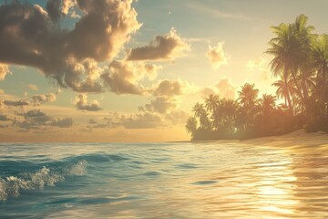 Tropical paradise sunset over serene beach with palm trees and calm ocean waves, Animated background of tropical island and beach in summer at sunset ing time-lapse Photo