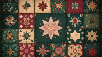 A patchwork quilt with a variety of colorful and intricate designs.