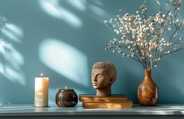 Minimalist home decor with candles and ceramic vase