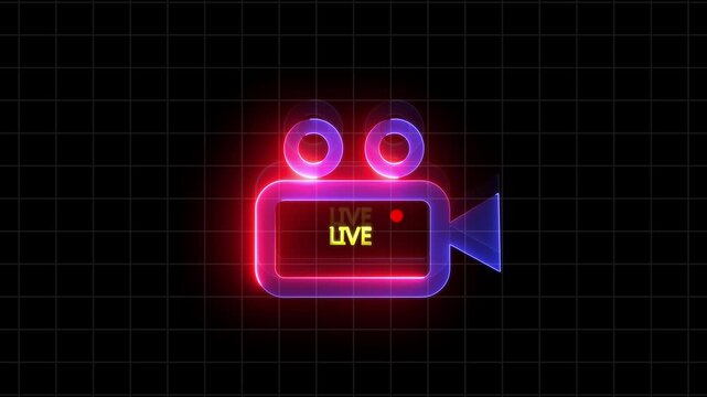 glowing neon video recorder icon for recording. Video camera. Glowing neon icon.4k video