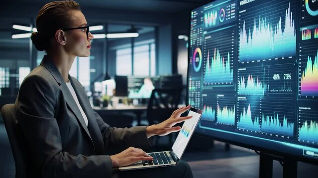 Business professional in suit analyzing financial data dashboard with colorful graphs and statistics on large digital screen. Woman with laptop monitors market trends and kpi metrics in corporate