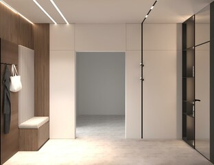 A sleek and modern hallway interior with clean lines, wood accents, soft lighting, a cozy bench, and a mirror cabinet. Minimalist yet welcoming design for a stylish entryway