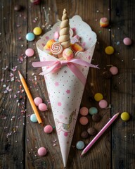 Unicorn-themed Schultüte on rustic wooden table