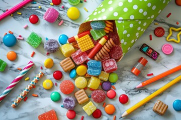 Colorful Schultüte with spilled candy on marble surface