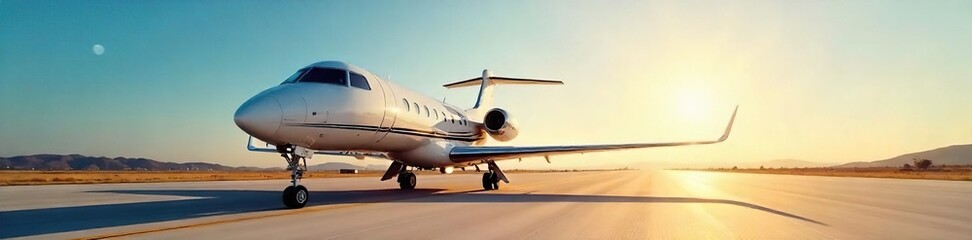 Fototapeta premium A luxurious, private jet poised for takeoff on a sunny runway, ready for an exotic journey Gleaming chrome, clear skies, and a sense of adventure await , comfort, vacation
