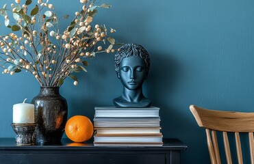 Modern home decor setup with black sculpture and vibrant blue wall