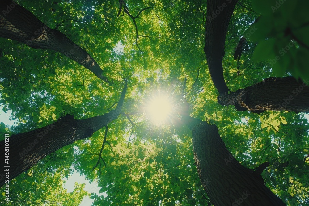 Poster upward view of vibrant green trees with sunlight filtering through leaves in a serene forest setting