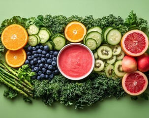 Vibrant Green Smoothie Bowl with Fresh Fruits and Vegetables