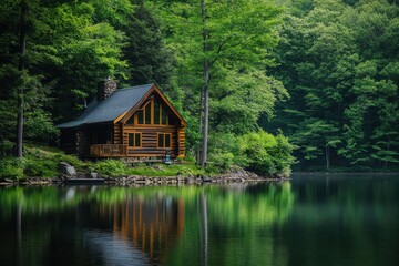 Lakeside cabin surrounded by lush woods reflecting in tranquil waters, A beautiful lakeside cabin nestled in the woods, surrounded by lush trees and a tranquil lake