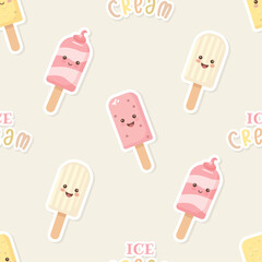 Vector Seamless Pattern with Cute Kawaii Popsicle Ice Creams and Ice Cubes – Yellow, Cream, Pink and Colorful Frozen Treats on White Background for Kids and Summer Projects