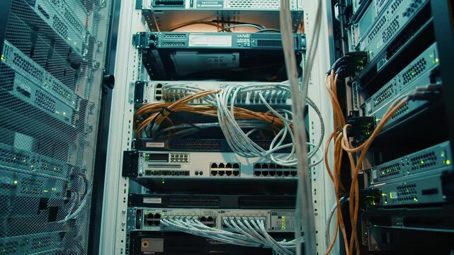 Network server rack with ethernet cables and telecommunications hardware in datacenter. Professional it infrastructure with routers, switches and connection ports. Digital technology system with fiber