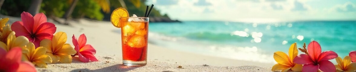 Obraz premium A refreshing glass of rum sits on a sun-drenched beach, tropical flowers and palm trees surrounding it, evoking the ultimate summer escape , mint, leaves
