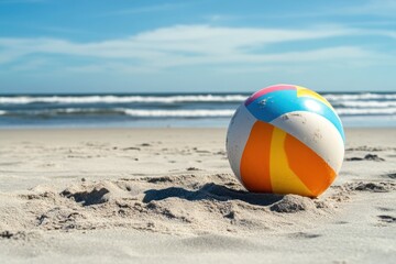 Obraz premium Colorful beach ball resting on sand by the ocean under clear blue sky, Colorful beach ball with sand on sunny beach, ocean in background