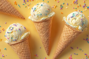 Melting Ice Cream Scoops in Waffle Cones on Pastel Yellow Background, AI Generated