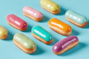 Mini Eclairs with Colorful Glazes Arranged Diagonally, AI Generated