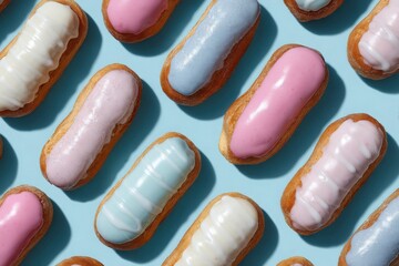 Mini Eclairs with Colorful Glazes Arranged Diagonally, AI Generated