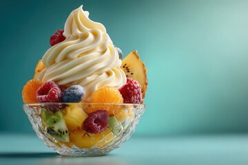 Vanilla Soft Serve Ice Cream with Fruit Toppings in Textured Glass Cup, AI Generated